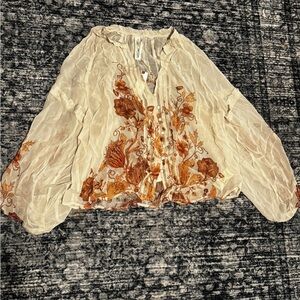 Anthropologie Cream and Brown Floral Blouse